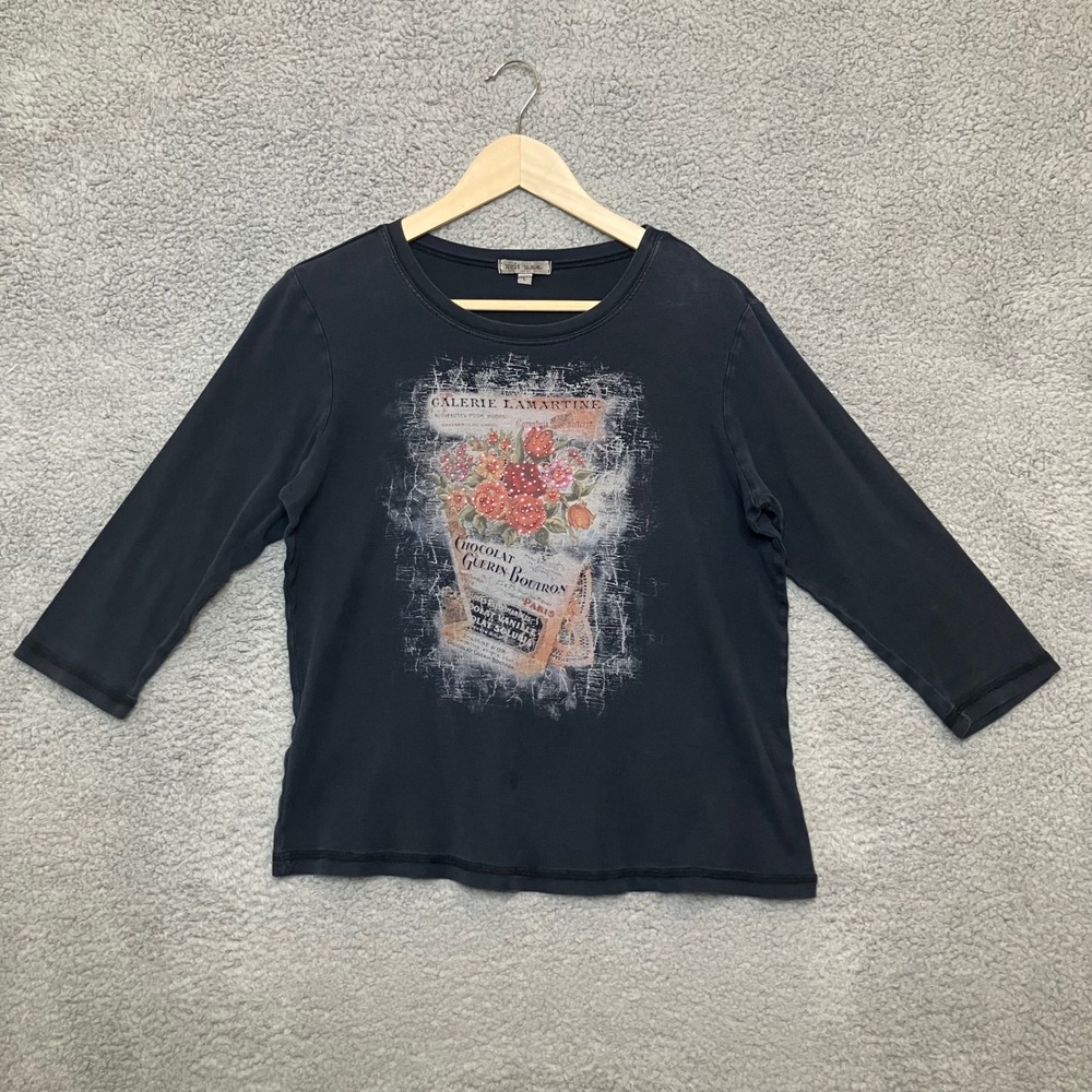 Y2K VTG Xcit USA‎ Top Women L Black French Floral Artsy 3/4 Sleeve 100% Cotton
